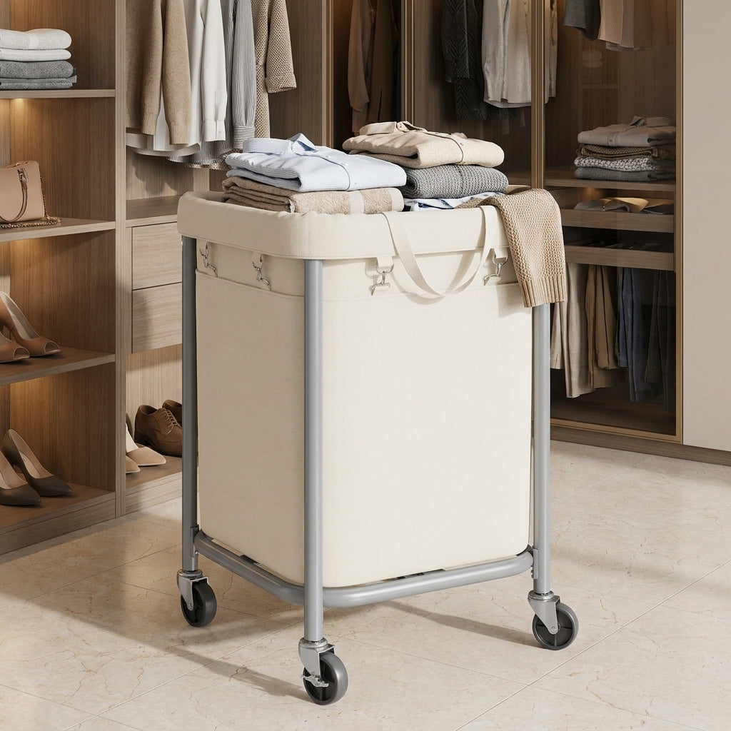 LEDREM Rolling Laundry Basket with Wheels, Laundry Hamper, 4 Casters and 2 Brakes, White and Gray