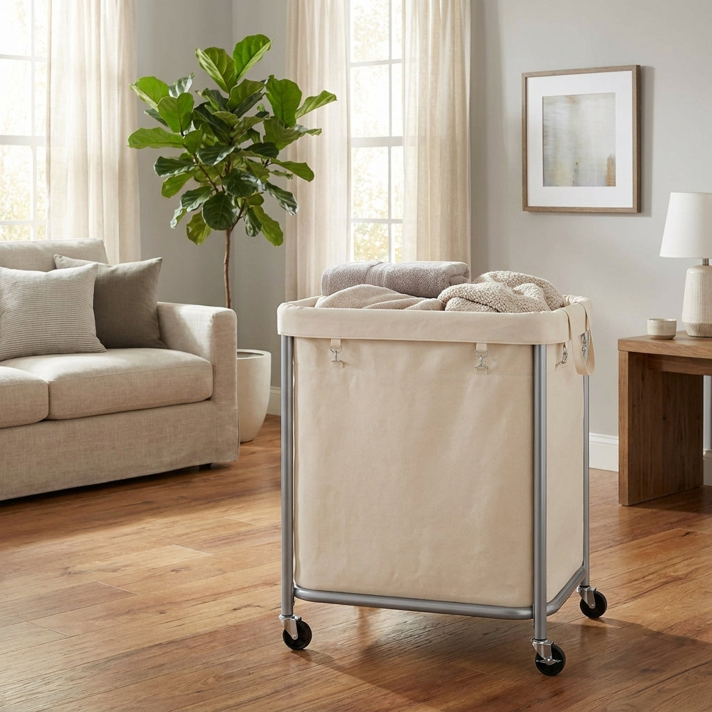 LEDREM Rolling Laundry Basket with Wheels, Laundry Hamper, 4 Casters and 2 Brakes, White and Gray
