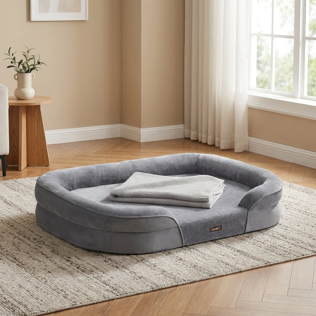 LEDREM Orthopedic Dog Sofa Bed with Egg Crate Foam and Washable Flannelette Fabric Cover, 40.9 x 27.2 x 7.1 inches, Gray