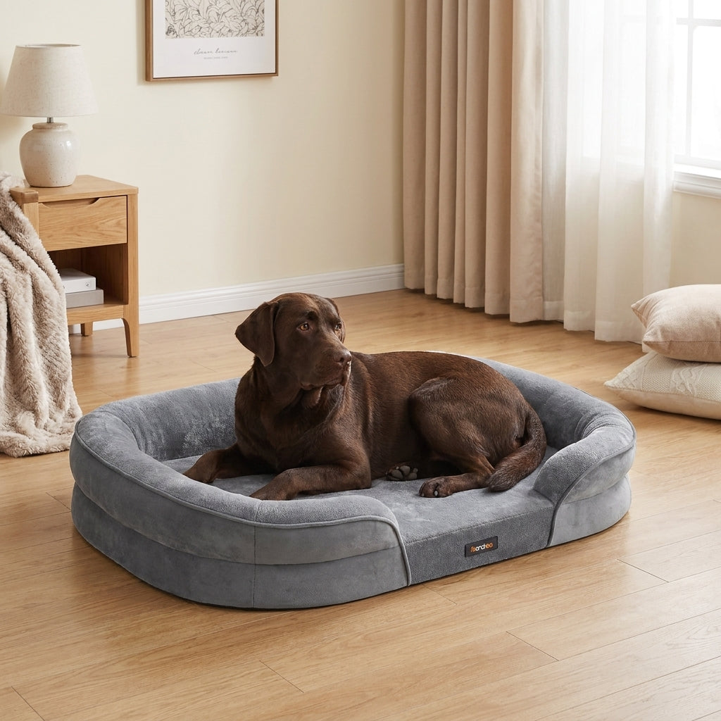 LEDREM Orthopedic Dog Sofa Bed with Egg Crate Foam and Washable Flannelette Fabric Cover, 40.9 x 27.2 x 7.1 inches, Gray