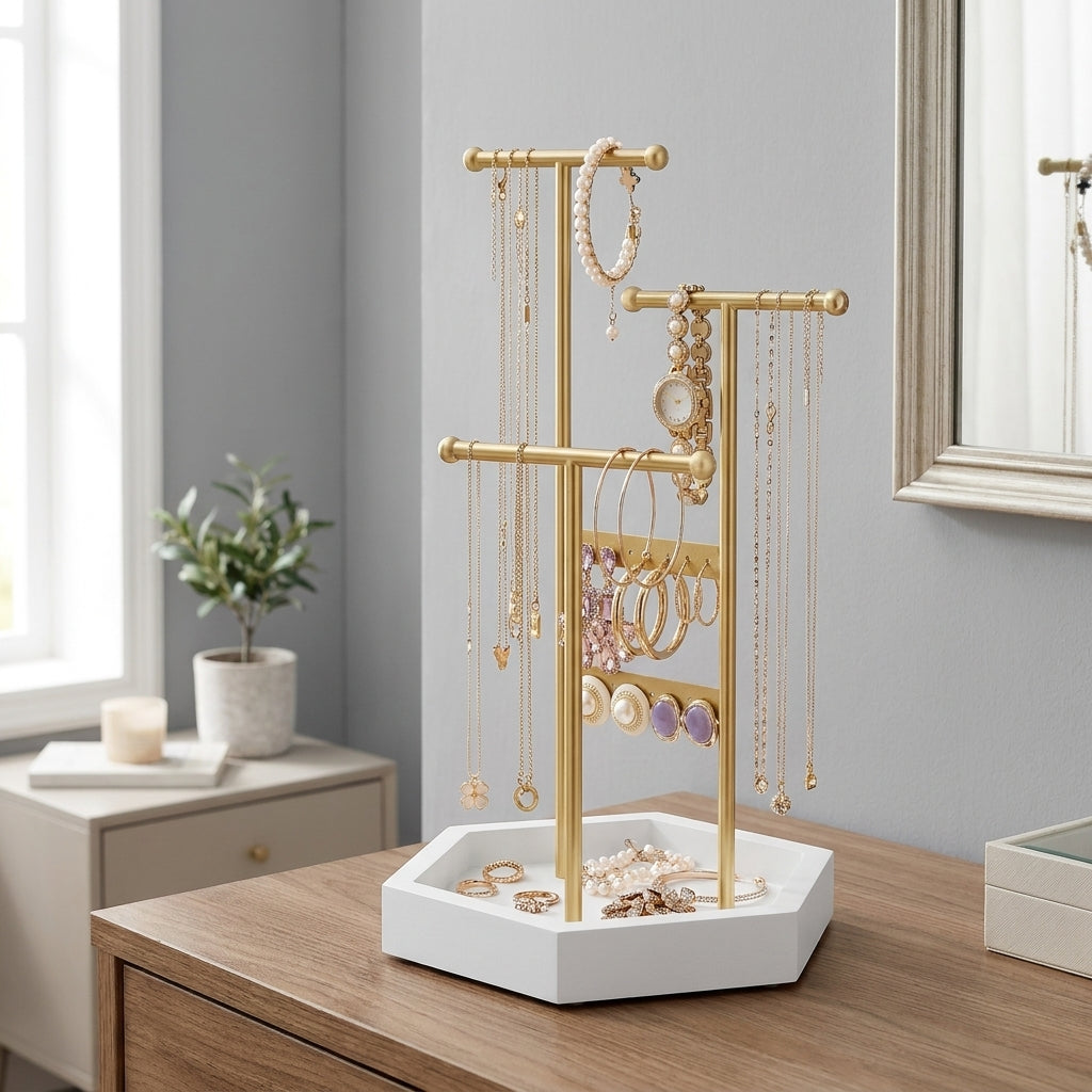LEDREM 2-Piece Ring Jewelry Holder Set, 3-Tier Metal Stand with Tray, T-Bar Organizer for Rings & Bracelets, Tabletop Display, Pale Gold & White