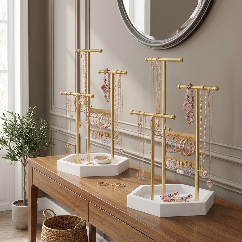 LEDREM 2-Piece Ring Jewelry Holder Set, 3-Tier Metal Stand with Tray, T-Bar Organizer for Rings & Bracelets, Tabletop Display, Pale Gold & White