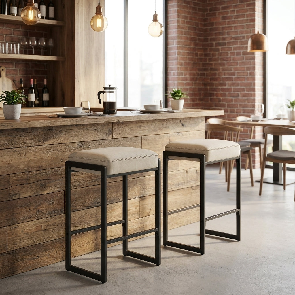 LEDREM Kitchen Counter Stools, Bar Stools Set of 2, PU Leather with Stitching, Transitional, 26-Inch Tall, Home Bar Dining Room, White