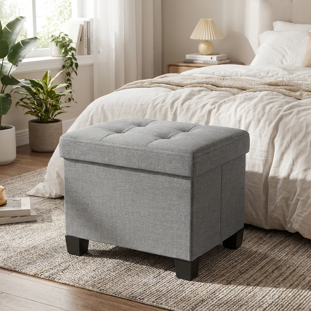 LEDREM Collapsible Storage Ottoman, Upholstered Foot Stool with Cushion, 15.7 x 12.6 x 13.2 Inches, Gray and Black