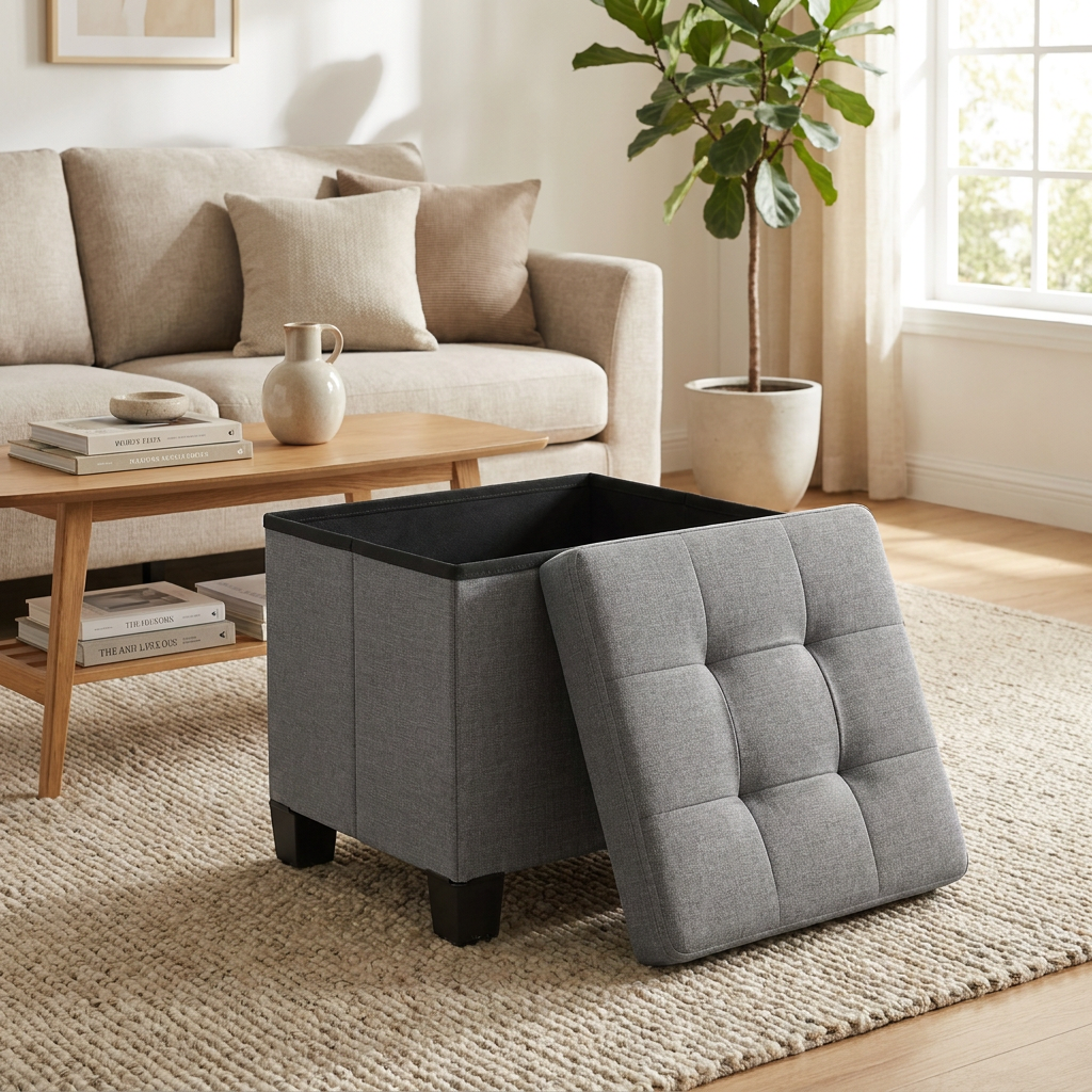 LEDREM Collapsible Storage Ottoman, Upholstered Foot Stool with Cushion, 15.7 x 12.6 x 13.2 Inches, Gray and Black