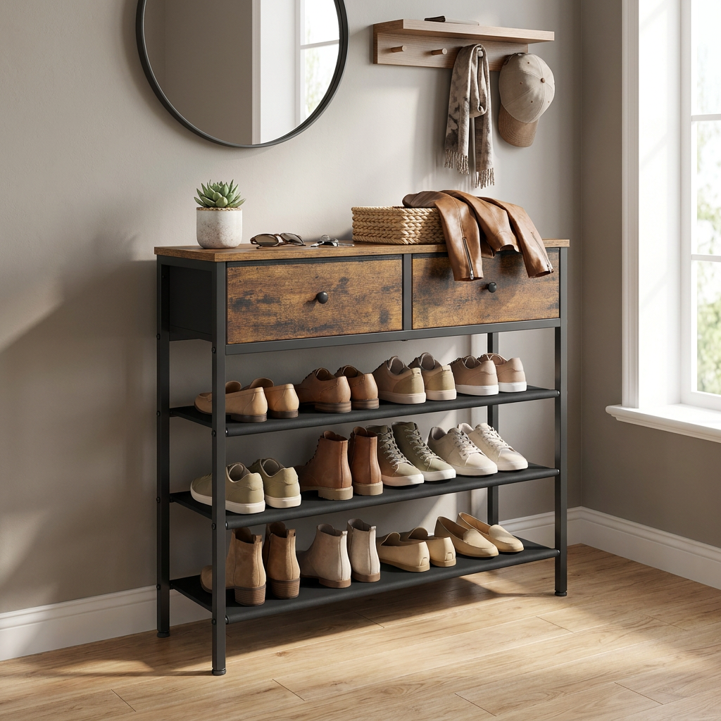 4-Tier Shoe Rack, Shoe Storage Shelf with 3 Fabric Shelves and Top Surface, for Closet Entryway, Tan and Black