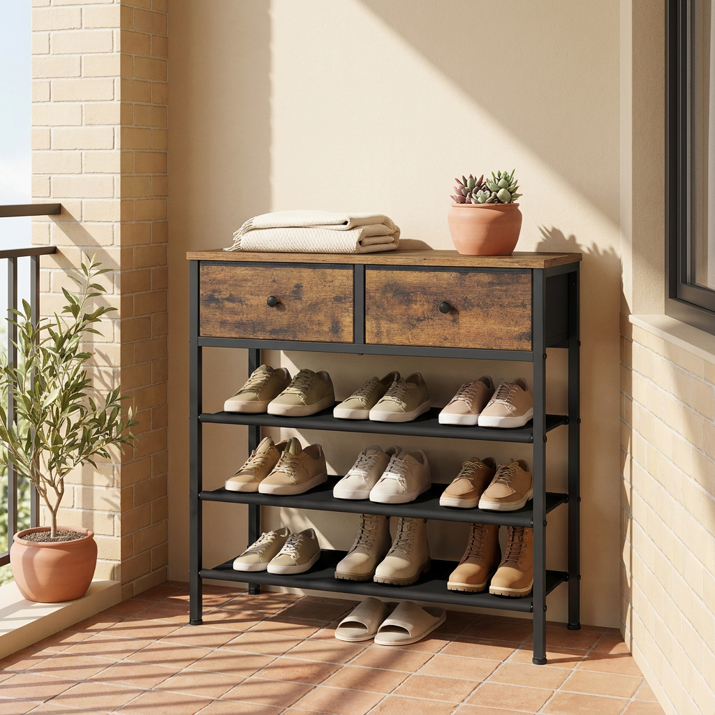 4-Tier Shoe Rack, Shoe Storage Shelf with 3 Fabric Shelves and Top Surface, for Closet Entryway, Tan and Black
