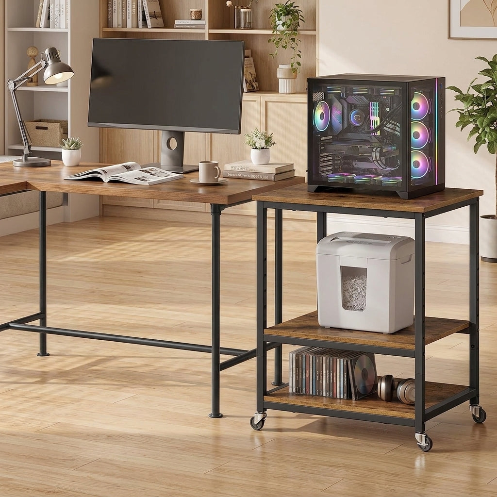 LEDREM 3-Tier Printer Rack, Home Office Under Desk Shelves, Mobile Cart with Wheels, Tan