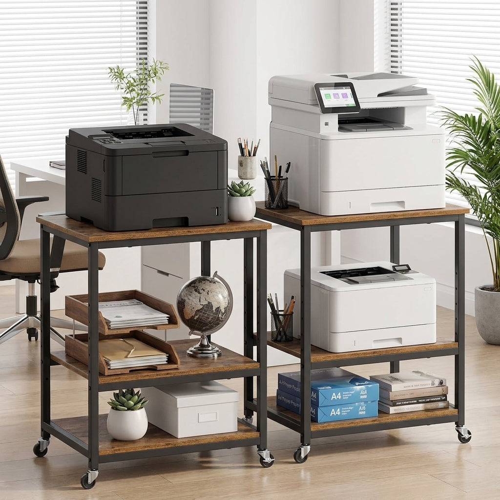 LEDREM 3-Tier Printer Rack, Home Office Under Desk Shelves, Mobile Cart with Wheels, Tan