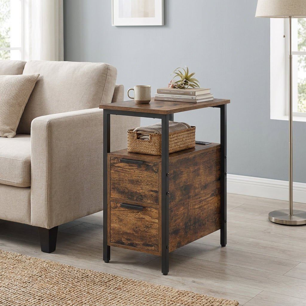 Narrow Side End Table with Charging Station and 2 Drawers, 18.9 x 11.8 x 24 Inches, Rustic Brown