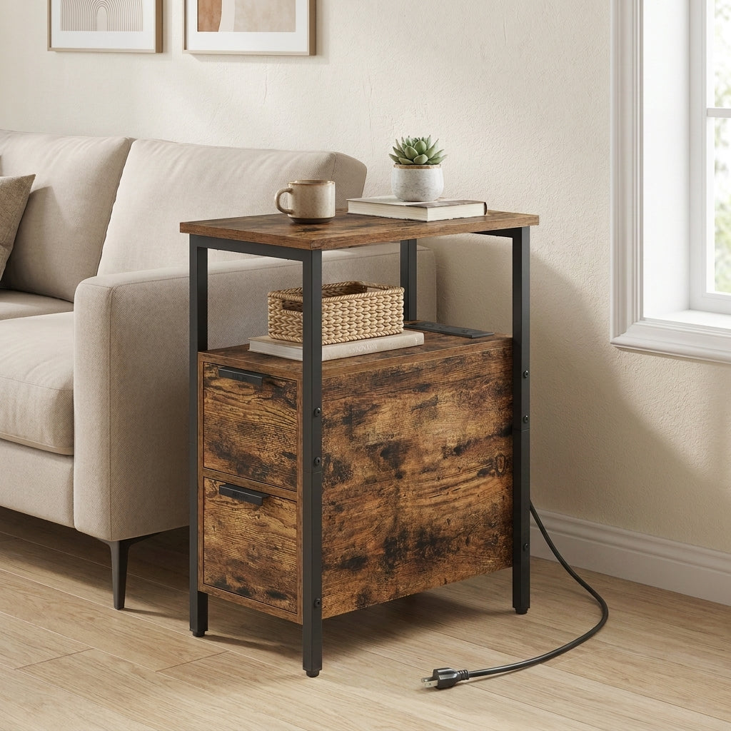 Narrow Side End Table with Charging Station and 2 Drawers, 18.9 x 11.8 x 24 Inches, Rustic Brown