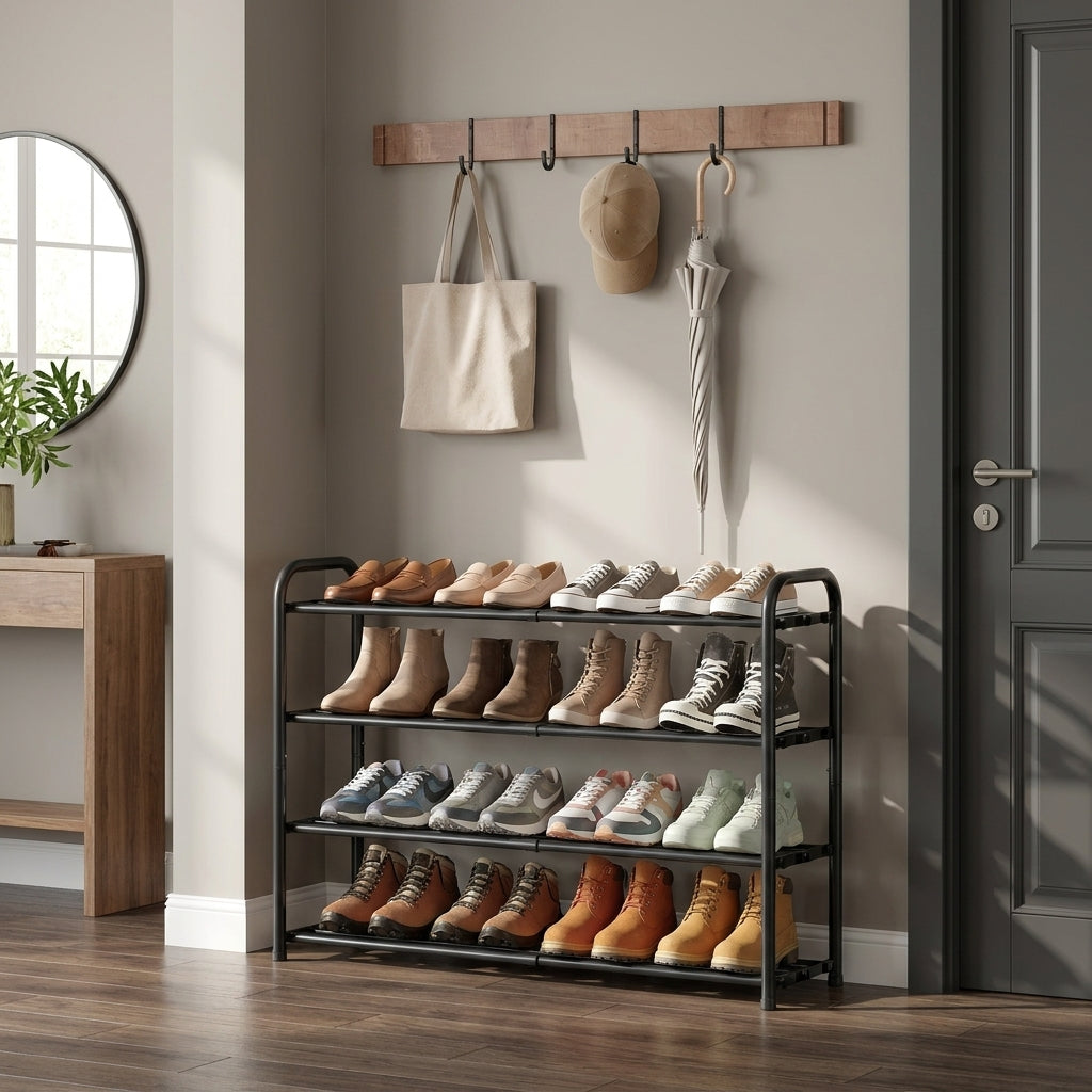 Expandable Shoe Rack, 4-Tier Adjustable Steel Storage Organizer, 17.4 x 9.8 x 26.5 inches, Black