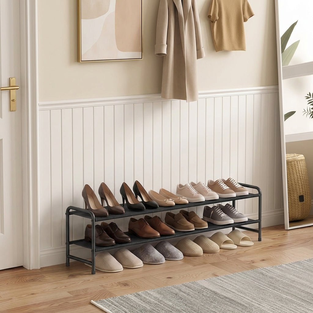 2-Tier Shoe Rack Organizer, Holds 12-15 Pairs, Free Standing Shoe Storage Shelf, 42.5 x 11.4 x 13.7 Inches, Black