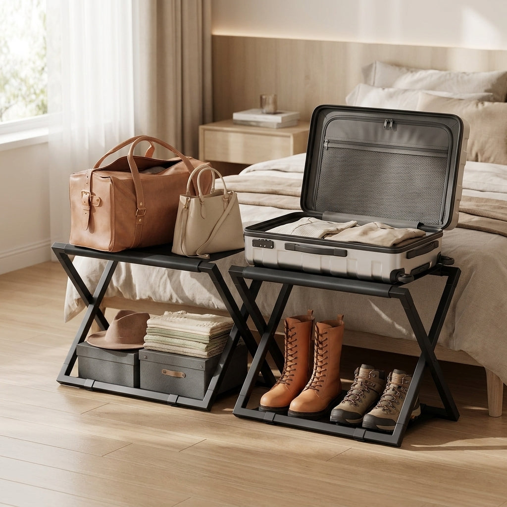Luggage Rack, Foldable Steel Suitcase Stand for Guest Room, 27.4 x 17.4 x 19.7 Inches, Black