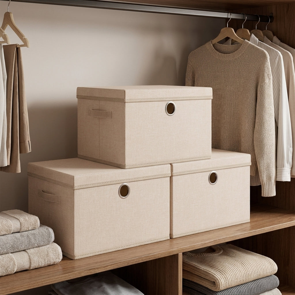LEDREM Storage Bins 3 Pack, Stackable Foldable Fabric Boxes with Lids, 15.7 x 11.8 x 9.8 Inches, Beige