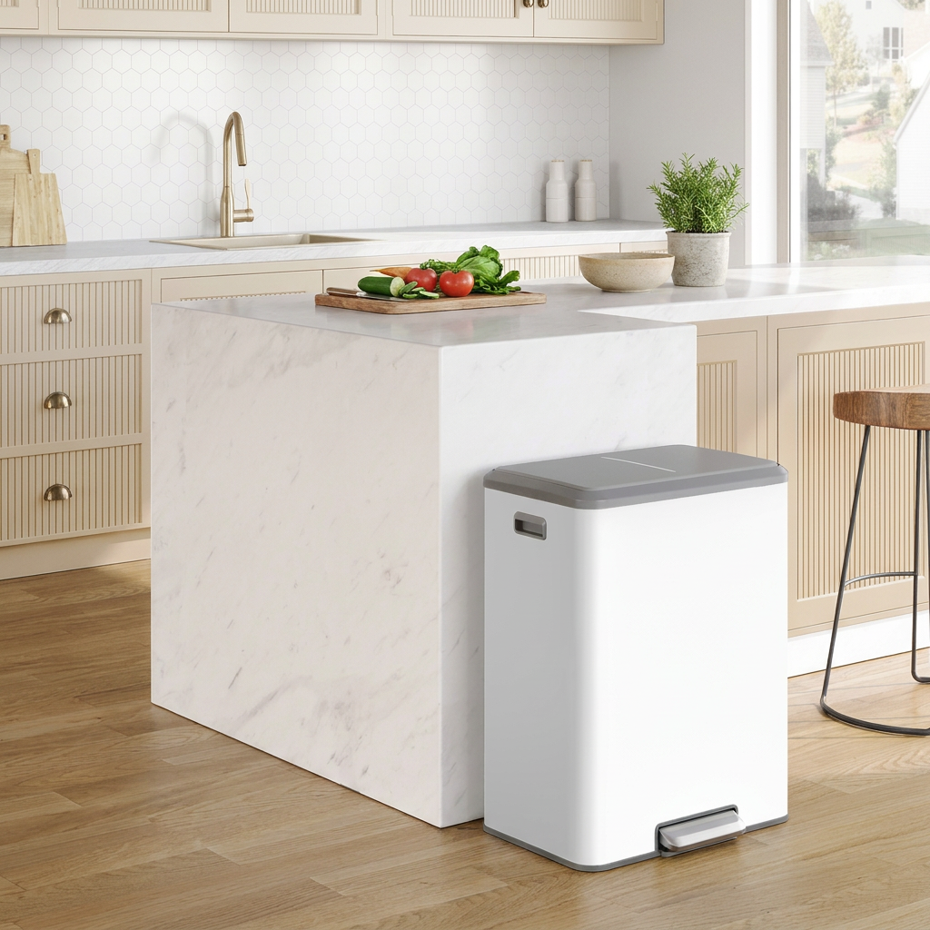 LEDREM Trash Bin, 2 x 8 Gallon (2 x 30 L) Double Trash Can, Soft-Close Lid, White