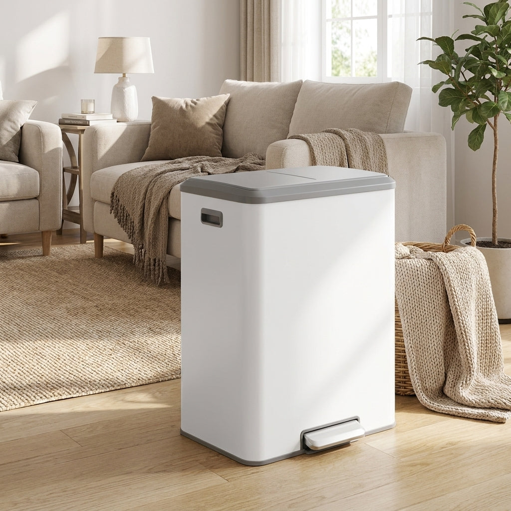 LEDREM Trash Bin, 2 x 8 Gallon (2 x 30 L) Double Trash Can, Soft-Close Lid, White