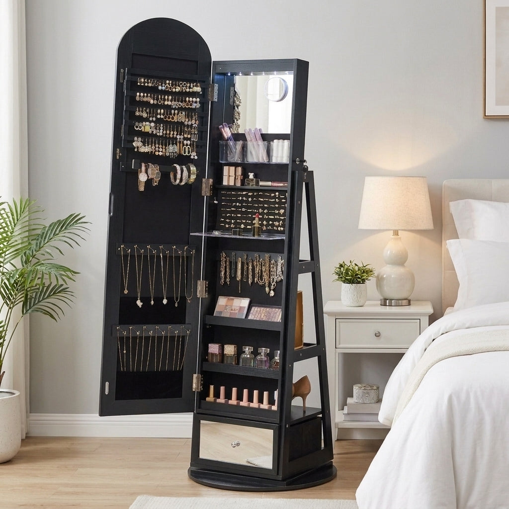 LEDREM Jewelry Cabinet with 360° Swivel Full-Length Arched Mirror and LED Lights, 22 x 22 x 63.7 Inches, Black
