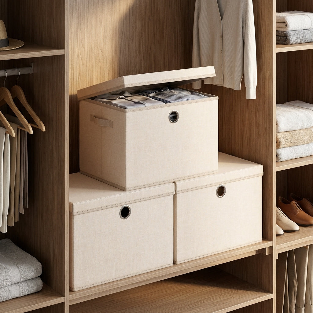 LEDREM Set of 3 Storage Boxes with Lids, Foldable and Stackable Containers, 43 x 30 x 30 cm, Sand Beige
