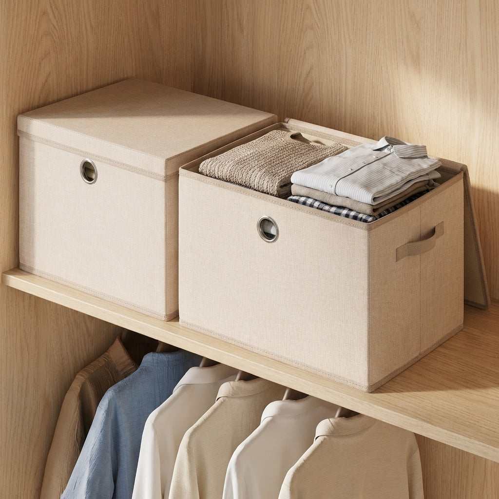 LEDREM Set of 3 Storage Boxes with Lids, Foldable and Stackable Containers, 43 x 30 x 30 cm, Sand Beige
