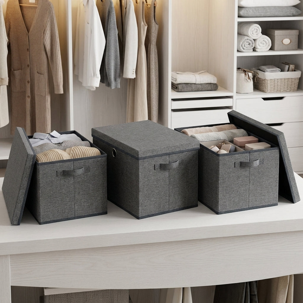 LEDREM Storage Bins 3 Pack, Stackable Foldable Fabric Boxes with Lids, 16.9 x 11.8 x 11.8 Inches, Gray