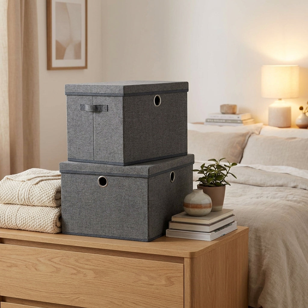 LEDREM Storage Bins 3 Pack, Stackable Foldable Fabric Boxes with Lids, 16.9 x 11.8 x 11.8 Inches, Gray