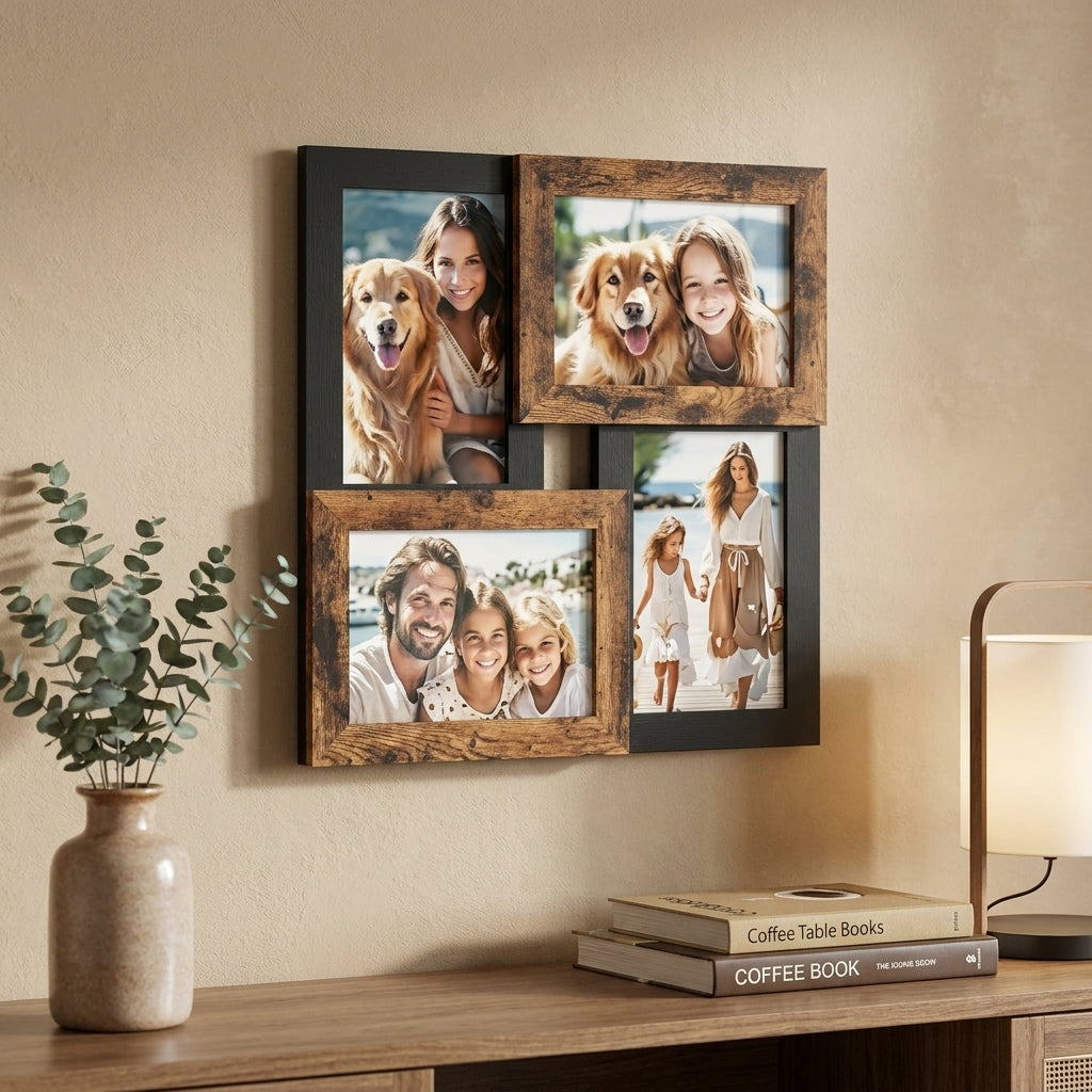 LEDREM Wooden Collage Picture Frame with Glass, Wall and Tabletop Display, 4 x 6 inches, Rustic Brown