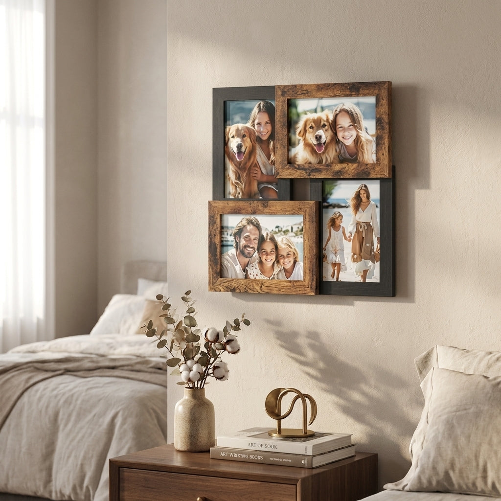 LEDREM Wooden Collage Picture Frame with Glass, Wall and Tabletop Display, 4 x 6 inches, Rustic Brown