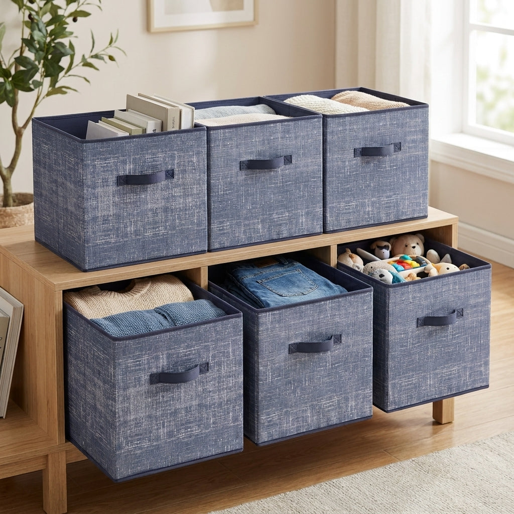 LEDREM Storage Cubes, 11.8 Inches Non-Woven Fabric Bins with Double Handles, Set of 6, Closet Organizers for Shelves, Collapsible, for Clothes, Blue