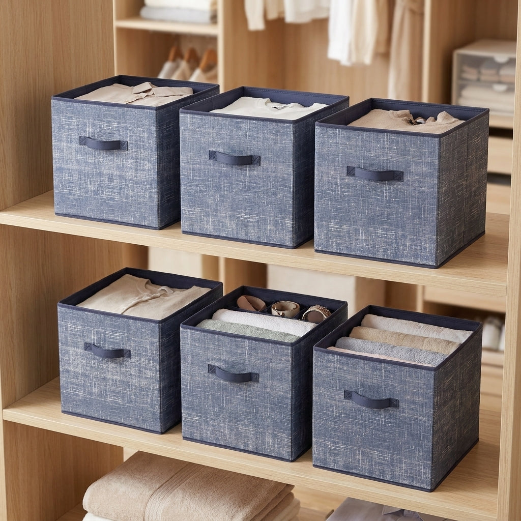 LEDREM Storage Cubes, 11.8 Inches Non-Woven Fabric Bins with Double Handles, Set of 6, Closet Organizers for Shelves, Collapsible, for Clothes, Blue