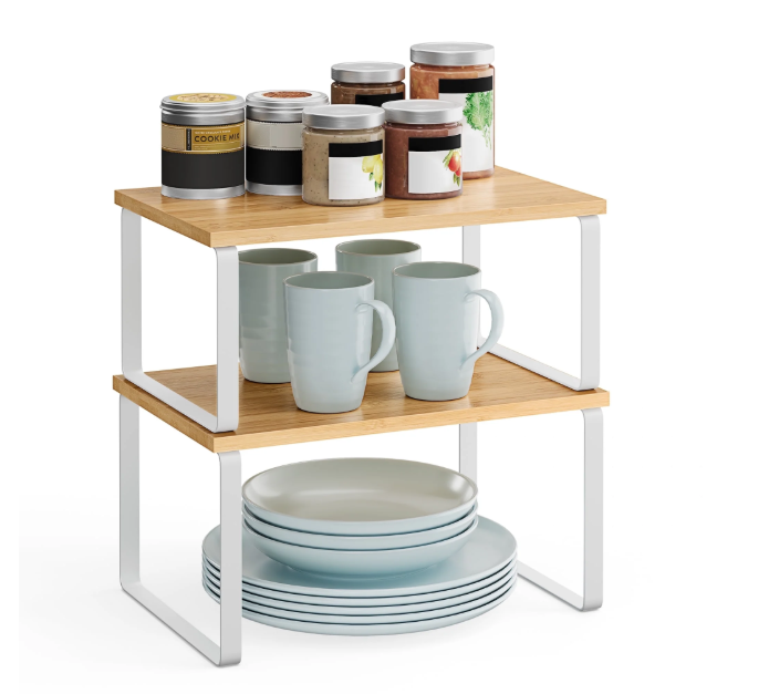 2 Pack Cabinet Organizer Shelf, Kitchen Counter Shelves, Kitchen Storage, Spice Rack, Stackable, Expandable, Metal and Engineered Wood, Cloud White and Natural Beige