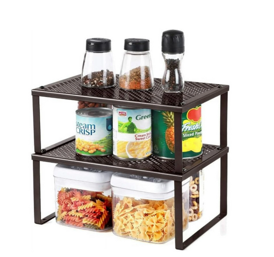 2 Pack Spice Rack, Cabinet Shelf Organizers, Shelf Organizer, Countertop Organizer, Shelf Riser, Stackable, Expandable, Metal Kitchen Counter Shelves, Brown