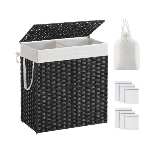 110L Laundry Hamper with Lid Clothes Hamper with 2 Removable Liner Bags & 6 Mesh Bags Wicker Laundry Basket for Laundry Room Black