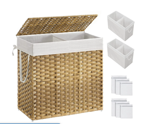 130L Laundry Hamper Basket with Lid Clothes Hamper with 2 Removable Liner Bags & 6 Mesh Bags Wicker Laundry Basket for Laundry Room Gray